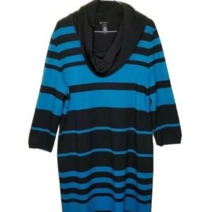 New Direction Dress XL Womens Sheath Striped Black Blue Midi Shawl Collar